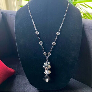 Statement  Gunmetal Black Crystal and Faux Silver Pearl Tassel Flapper Necklace